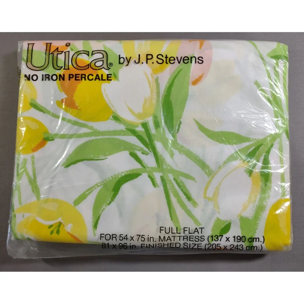 Vintage Utica JP Stevens Tulip Time Full Flat Sheet Floral Pink Yellow USA #2